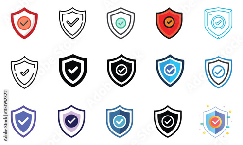 A variety of shield icons with checkmarks, representing security, protection, verification, and trustworthiness, designed in multiple styles and colors.  
