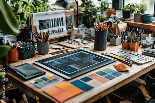Designing with color swatches creative workspace digital tools artistic environment overhead view creative process