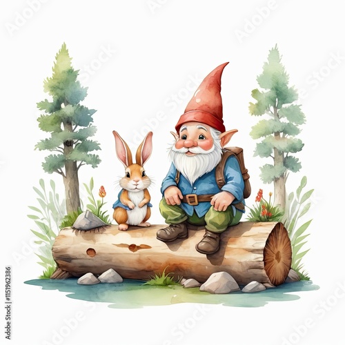 A whimsical watercolor painting of a gnome and a rabbit sitting together on a log in a forest setting. The scene is peaceful and charming, with soft colors and a fantastical mood.
