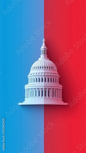 A stylized image of the U.S. Capitol dome split between red and blue backgrounds, symbolizing political division.
