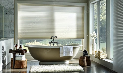 Luxurious Bathroom Design with Cellular Shades and Freestanding Tub photo