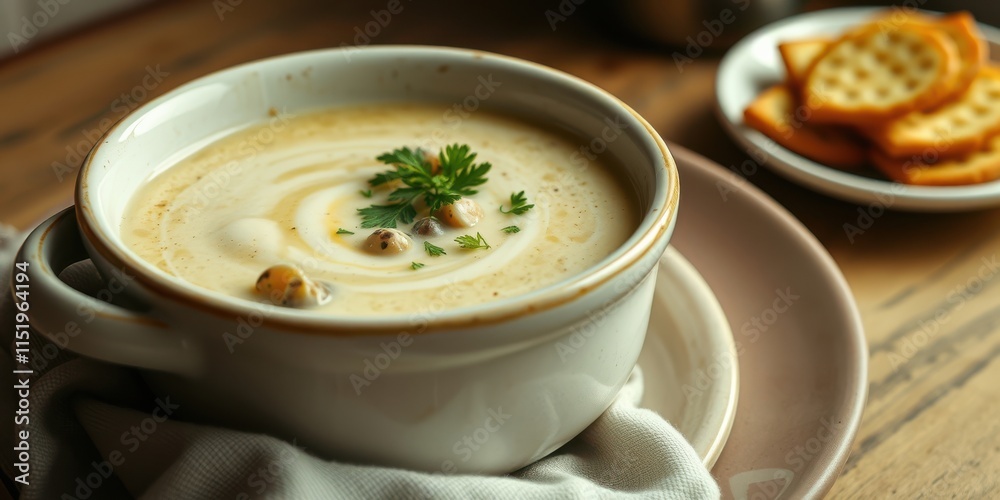 Creamy Soup in a White Bowl with Garnish and a Side of Crackers Creamy Soup in a White Bowl with Garnish and a Side of Crackers