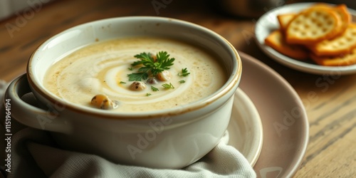 Creamy Soup in a White Bowl with Garnish and a Side of Crackers