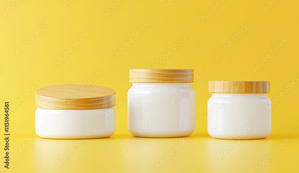Three White Ceramic Jars with Wooden Lids on Yellow Background Three White Ceramic Jars with Wooden Lids on Yellow Background