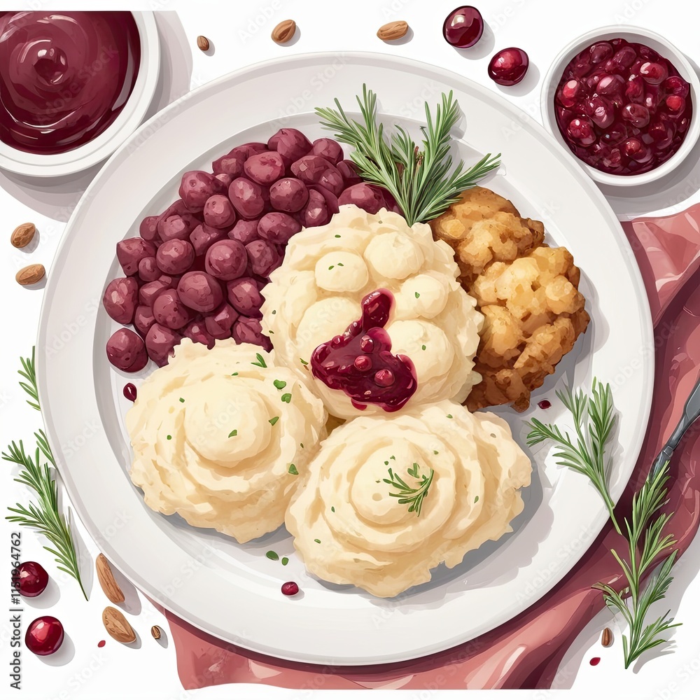 Overhead view of a delicious plate of mashed potatoes, gravy, cranberry sauce, and roasted vegetables. A comforting and flavorful meal. Overhead view of a delicious plate of mashed potatoes, gravy, cranberry sauce, and roasted vegetables. A comforting and flavorful meal.
