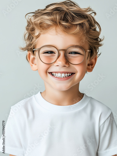 An elementary school-aged boy in glasses with a genuine smile on plain white background