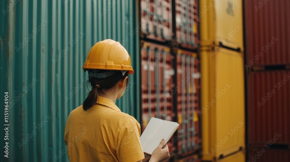 woman engineer is taking notes while standing near shipping containers, showcasing her focus and professionalism in logistics environment woman engineer is taking notes while standing near shipping containers, showcasing her focus and professionalism in logistics environment