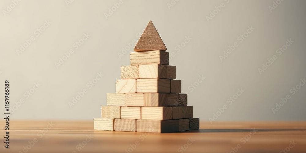 A triangular wooden block perched atop a pyramid of stacked blocks, signifying growth, success, and a structured approach to achieving goals.