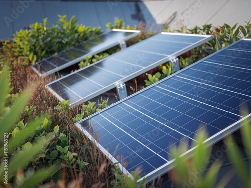  three clean, modern solar panels installed on a roof.  photo