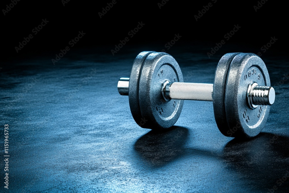 A hyper-realistic close-up of a dumbbell lying on a gym floor, with detailed textures of the metal grip and rubber plates, surrounded by subtle lighting and shadows A hyper-realistic close-up of a dumbbell lying on a gym floor, with detailed textures of the metal grip and rubber plates, surrounded by subtle lighting and shadows