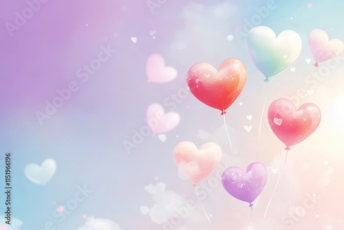 Colorful heart-shaped balloons float against a dreamy pastel background, creating a whimsical and romantic atmosphere.