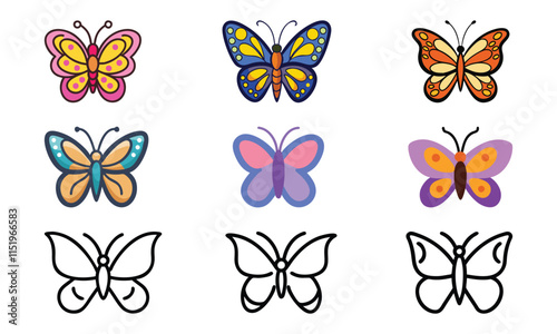 Collection of colorful and black outline vector icons featuring butterfly designs with intricate patterns, ideal for nature, wildlife, garden, and decorative-themed projects.  

