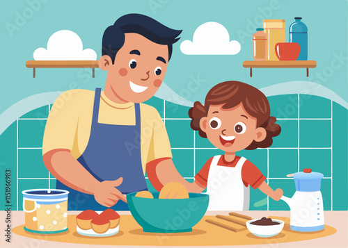 A father and child baking together in the kitchen, with flour everywhere and smiles all around.

