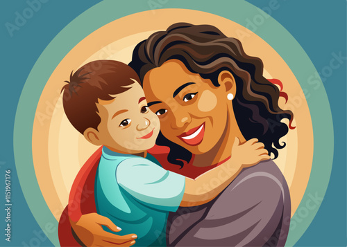 A mother hugging her child tightly in a warm embrace, both radiating love and joy.