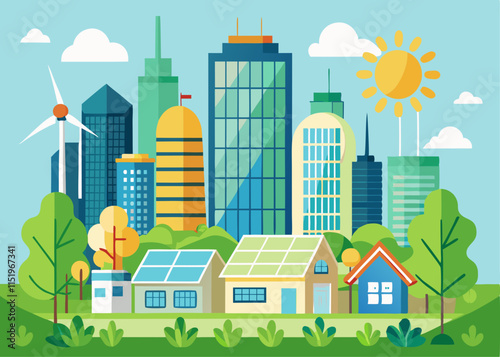 A city skyline with green rooftops, solar panels, and clean energy sources promoting eco-friendly living.
