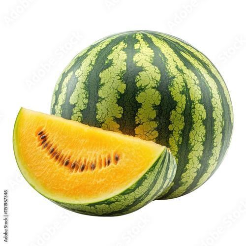 yellow watermelon slice with whole watermelon on white background photo