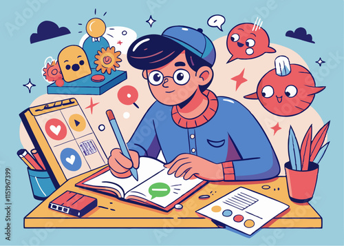 An artist creating a detailed comic strip on a sketchbook, with speech bubbles and characters.