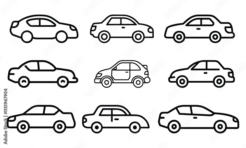 Set of black outline vector icons featuring various car designs in side views, ideal for transportation, automotive, vehicle illustration, and minimalist design projects.
Set of black outline vector icons featuring various car designs in side views, ideal for transportation, automotive, vehicle illustration, and minimalist design projects.