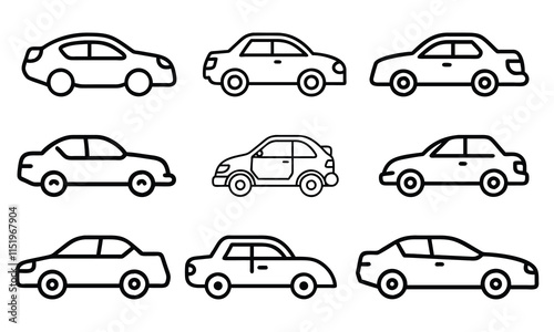 Set of black outline vector icons featuring various car designs in side views, ideal for transportation, automotive, vehicle illustration, and minimalist design projects.  
