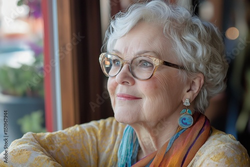 An elegant elderly woman gazes thoughtfully out the window, exuding grace and reflection on life. photo