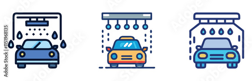 Set of colorful vector icons depicting cars in automated car wash systems with water droplets and spray nozzles, ideal for automotive, cleaning, and service-themed projects.  
