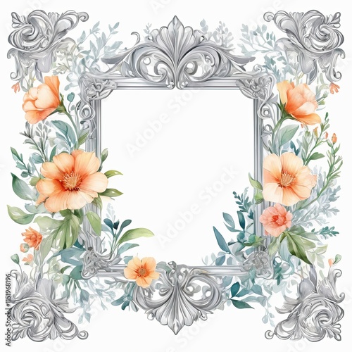 Wallpaper Mural Elegant ornate silver frame adorned with watercolor peach blossoms and lush greenery. Perfect for invitations, announcements, or adding a touch of vintage charm. Torontodigital.ca
