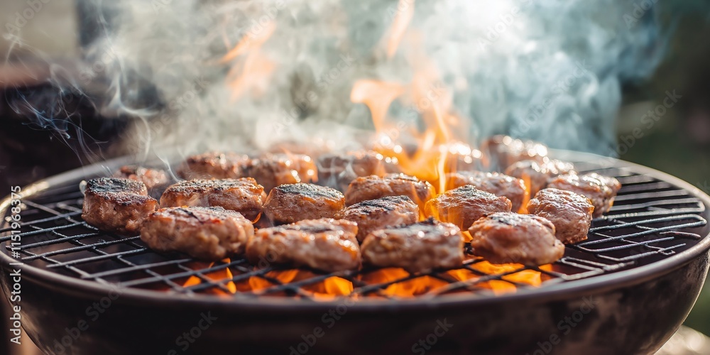 A vibrant summer scene featuring delicious grilled meat over open flames. A vibrant summer scene featuring delicious grilled meat over open flames.