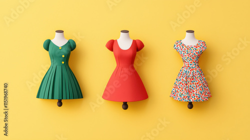 Dress Day. Playful depiction of dresses in bold patterns and vibrant colors