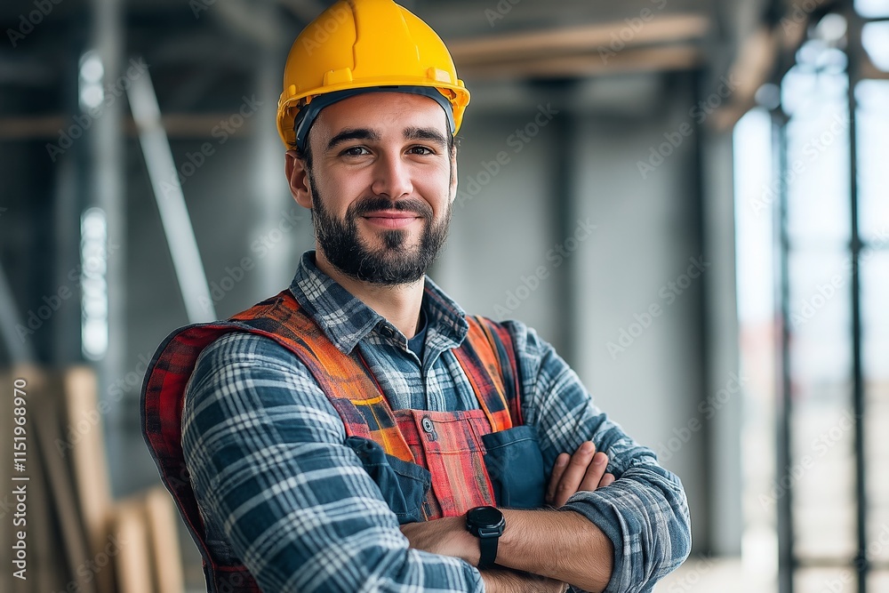A smiling construction worker wears a hard hat, radiating confidence and professionalism on site. A smiling construction worker wears a hard hat, radiating confidence and professionalism on site.