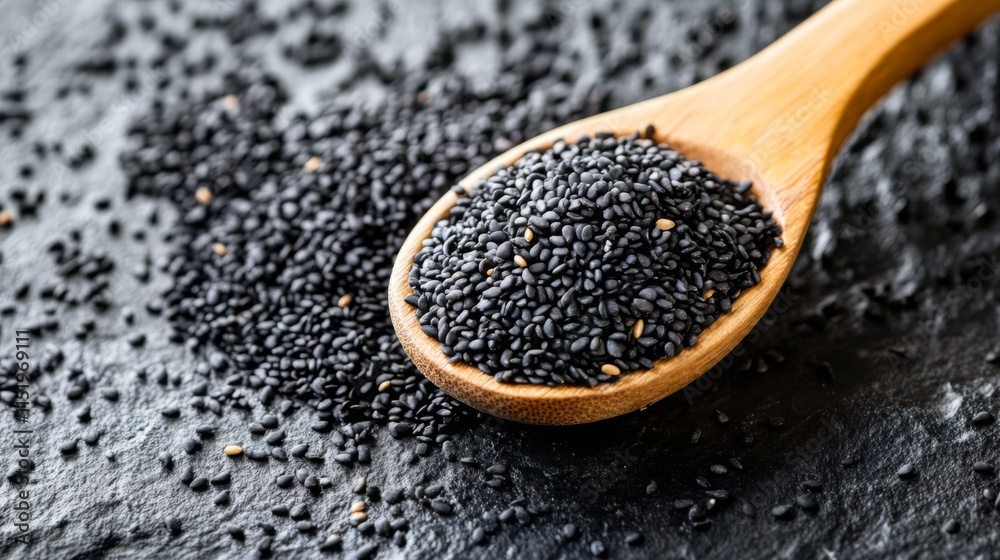 Black Sesame Seeds in Wooden Spoon - A Nutritious and Delicious Superfood Black Sesame Seeds in Wooden Spoon - A Nutritious and Delicious Superfood