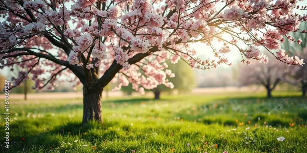 Obraz premium A solitary cherry tree in full bloom stands in a field of green grass and wildflowers, bathed in the warm glow of the afternoon sun.