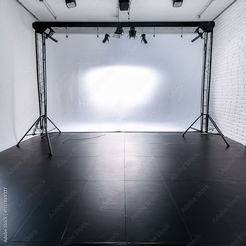 Studio with spotlights - Blank white studio for shooting or performance and black floor spotlight. Studio with spotlights - Blank white studio for shooting or performance and black floor spotlight.