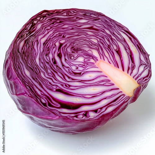 Half a red cabbage showing its concentric layers on white background