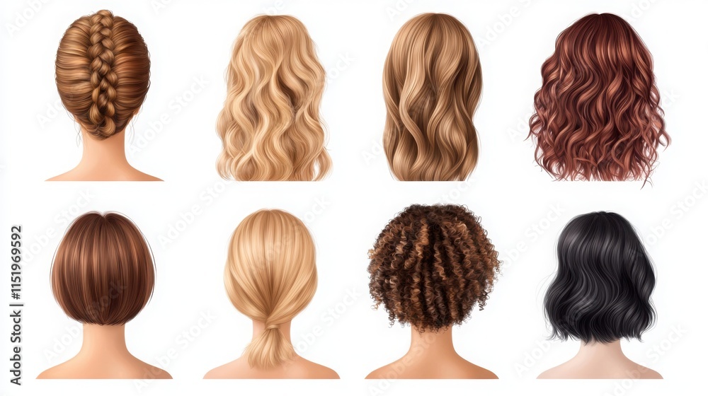 A gallery of six diverse women's hairstyles (braided updo, wavy lob, sleek ponytail A gallery of six diverse women's hairstyles (braided updo, wavy lob, sleek ponytail
