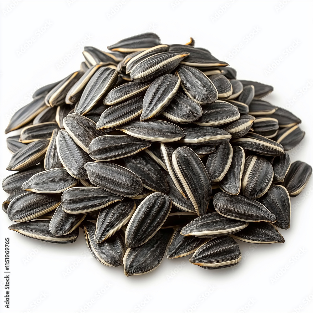 Pile of sunflower seeds forming a small mountain on white background Pile of sunflower seeds forming a small mountain on white background