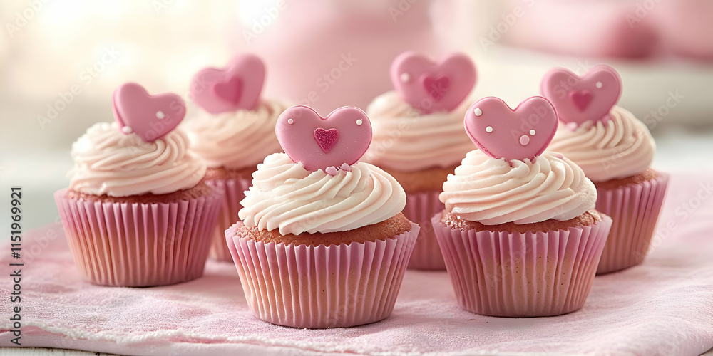 A display of pink heart-topped cupcakes with swirled frosting on a soft background. A display of pink heart-topped cupcakes with swirled frosting on a soft background.