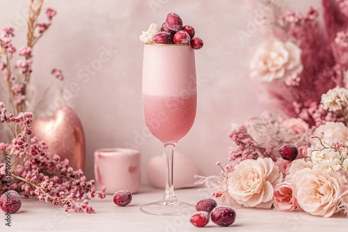 Delightful pink sparkling drink garnished with berries and flowers for Valentine's celebration