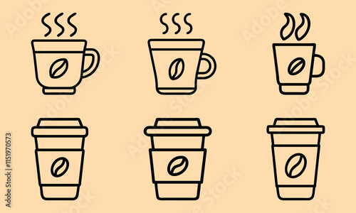 Set of black outline vector icons featuring steaming coffee mugs and takeaway cups with coffee bean logos, ideal for cafe, beverage, and minimalist design projects.  
