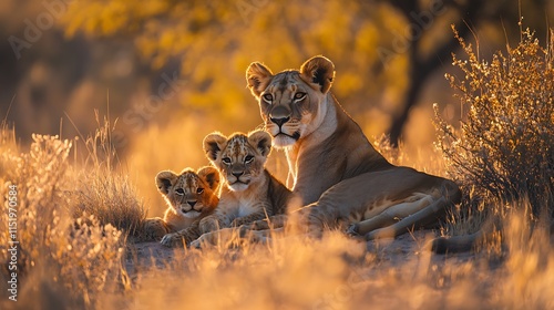 6. A golden lion family of two cubs and a lioness basking in the warm afternoon sun photo