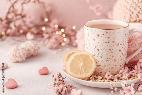 Romantic Valentine's Day setting featuring tea, lemon slices, and delicate decorations in soft pastel colors