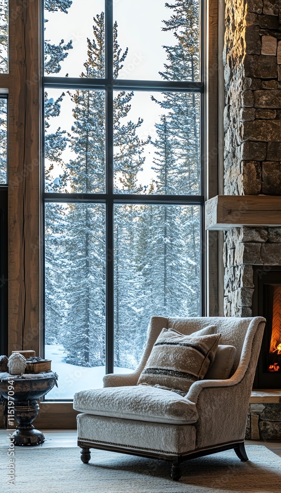 Obraz premium Cozy armchair by large window overlooking snowy forest, perfect for a winter relaxation retreat.