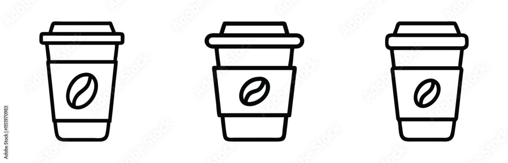 Set of black outline vector icons of disposable coffee cups with a coffee bean logo, perfect for cafe, takeaway, beverage, and minimalist design projects.
Set of black outline vector icons of disposable coffee cups with a coffee bean logo, perfect for cafe, takeaway, beverage, and minimalist design projects.