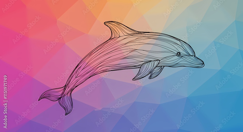 Obraz premium Abstract Line Art of a Swimming Dolphin, Ocean Sea Animal, Modern Art, Messy Colorful Design