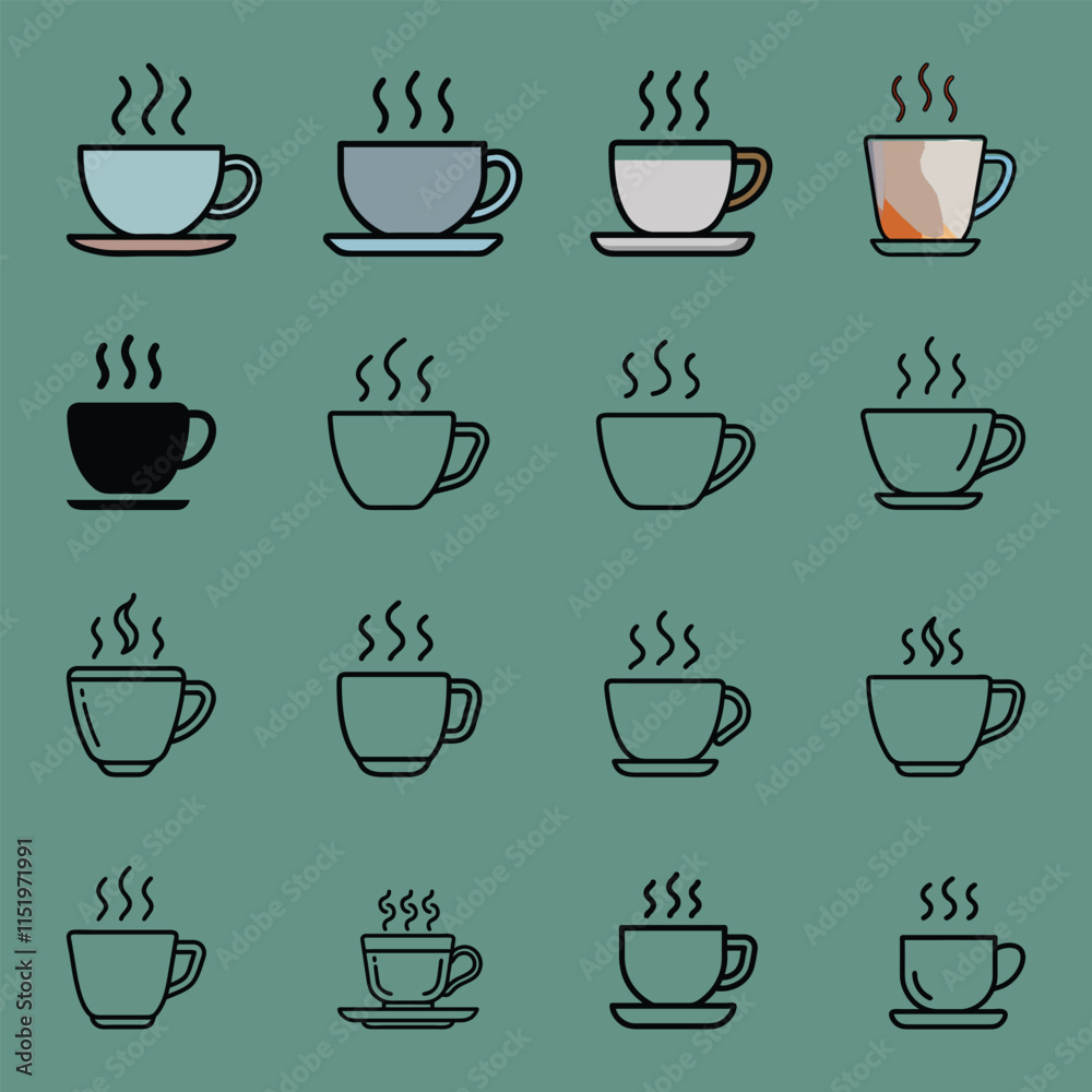 Collection of steaming coffee cup vector icons in colorful, black, and outline styles on a green background, perfect for cafe, beverage, and relaxation-themed designs.
Collection of steaming coffee cup vector icons in colorful, black, and outline styles on a green background, perfect for cafe, beverage, and relaxation-themed designs.