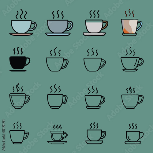 Collection of steaming coffee cup vector icons in colorful, black, and outline styles on a green background, perfect for cafe, beverage, and relaxation-themed designs.  
