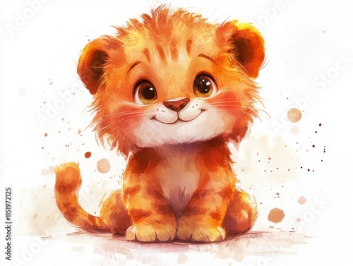 Adorable cartoon lion cub sitting with playful expression colorful splatter background white playful outline cute fun