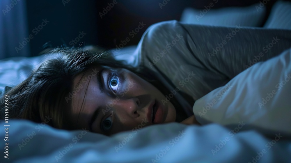 Woman lies awake bed night eyes wide open struggling insomnia fueled anxiety depression her thoughts whirlwind of sleeplessness emotional turmoil darkness intensifying her inner turmoil restless sleep Woman lies awake bed night eyes wide open struggling insomnia fueled anxiety depression her thoughts whirlwind of sleeplessness emotional turmoil darkness intensifying her inner turmoil restless sleep