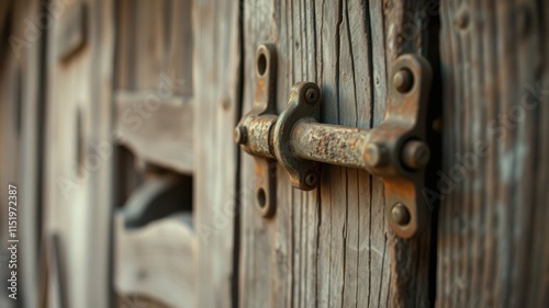 A close-up shot of a rustic, iron latch securing a weathered wooden door, showcasing the details of its worn surface and the intricate design of the latch. photo