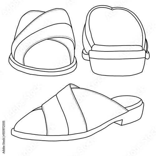 Women's Mules Comfortable shoes Line art, Technical sketch hand drawing outline vector doodle top and side view isolated on white background for coloring page