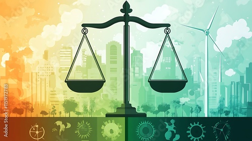 A symbolic illustration featuring a balanced scale, with one side showing industrial emissions and the other representing renewable energy, emphasizing sustainability and legislative action.
